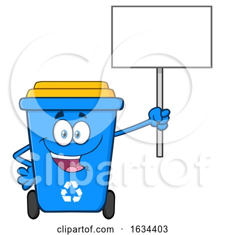 Blue Recycle Bin Mascot Character Holding up a Blank Sign by Hit Toon