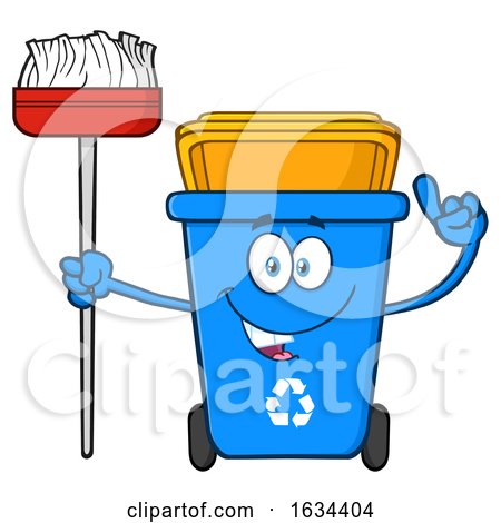 Blue Recycle Bin Mascot Character Holding a Broom by Hit Toon