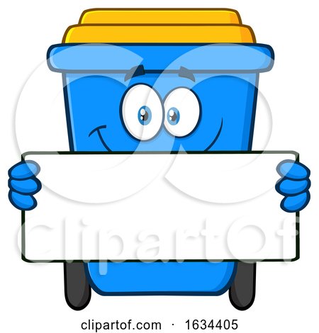 Blue Recycle Bin Mascot Character Holding a Blank Sign by Hit Toon