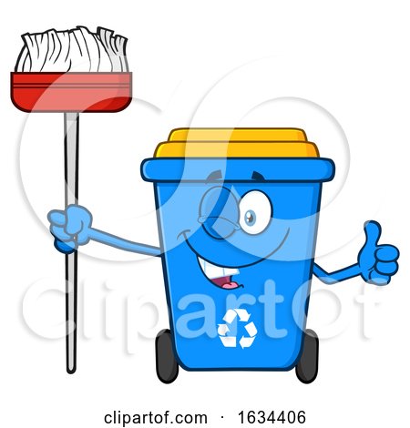 Blue Recycle Bin Mascot Character Winking and Holding a Broom by Hit Toon