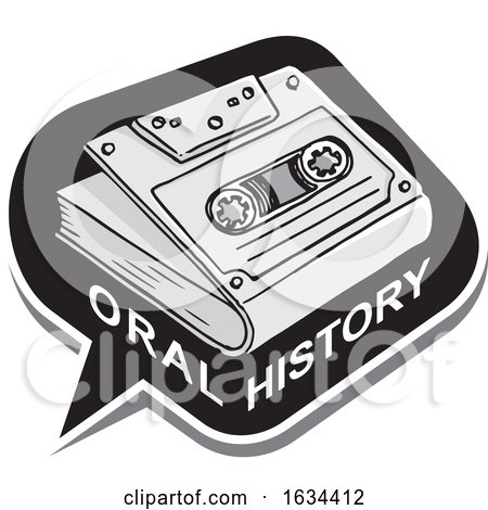 Grayscale Oral History Speech Balloon with a Cassette Tape Book by Any Vector