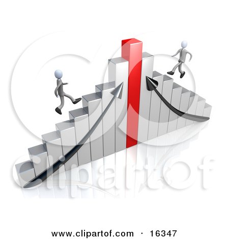 Two Competitive Businessmen Racing Up Different Sides Of A Chrome And Red Bar Graph Chart Clipart Illustration Graphic by 3poD