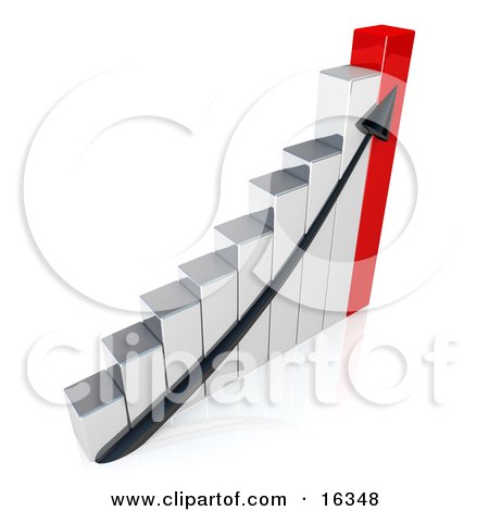 Black Arrow Going Up A Silver And Red Bar Graph Chart Depicting An Increase In Sales Clipart Illustration Graphic by 3poD