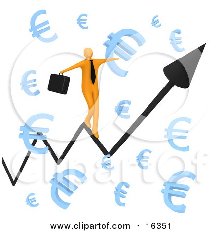 Happy Orange Businessman Carrying A Briefcase And Balancing On An Increasing Black Arrow Of A Graph Through Floating Blue Euro Symbols Clipart Illustration Graphic by 3poD