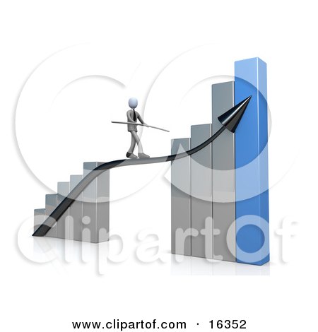 Corporate Businessman Holding A Balance Beam While Walking On An Increase Black Arrow On A Silver And Blue Bar Graph Chart Clipart Illustration Graphic by 3poD