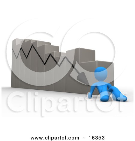 Depressed Blue Person Lying At The Bottom Of A Declining Bar Graph Chart, Symbolizing Failure, Mistakes And Bankruptcy Clipart Illustration Graphic by 3poD