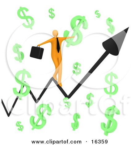 Happy Orange Businessman Carrying A Briefcase And Balancing On An Increasing Black Arrow Of A Graph Through Floating Green Dollar Symbols Clipart Illustration Graphic by 3poD