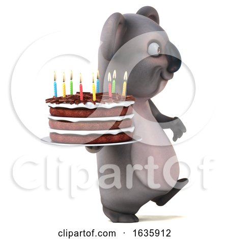 3d Koala Holding a Birthday Cake, on a White Background Posters
