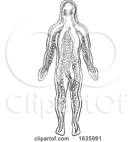 Alien Octopus Inside Human Body Drawing Black and White by patrimonio