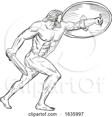 Heracles with Shield and Sword Drawing Black and White by patrimonio