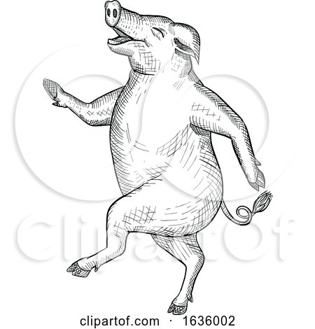 Happy Pig Dancing Drawing Retro Black and White by patrimonio