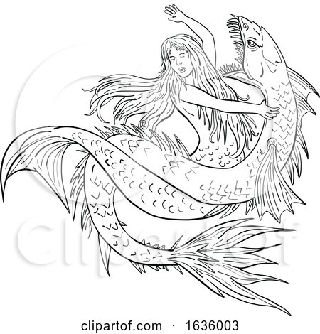 Mermaid Fighting a Sea Serpent Drawing Black and White by patrimonio