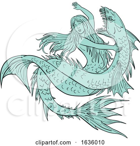 Mermaid Grappling with Sea Serpent Drawing Color by patrimonio