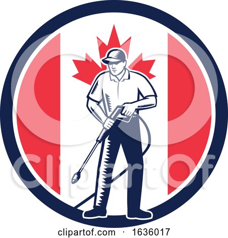 Retro Woodcut Pressure Washer Worker over a Canadian Circle by patrimonio