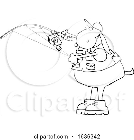 Cartoon Black and White Dog Wearing a Fishing Vest and Holding a Pole by djart