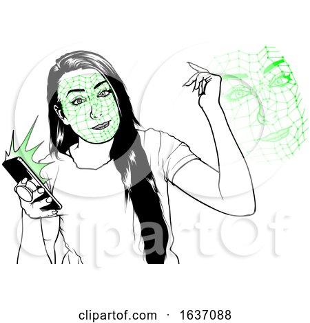 Black and White Woman Using a Phone with Facial Recognition Software by dero