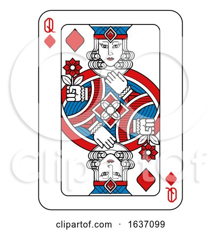 Playing Card Queen of Diamonds Red Blue and Black by AtStockIllustration
