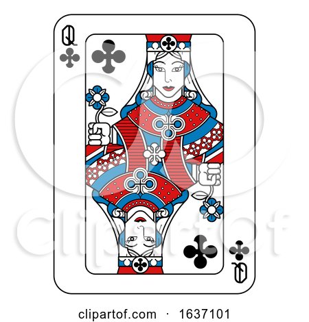 Playing Card Queen of Clubs Red Blue and Black by AtStockIllustration