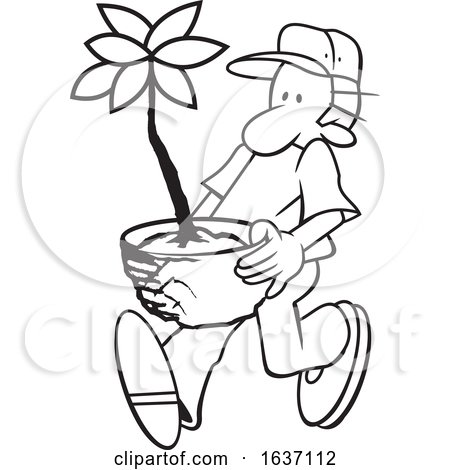 Cartoon Black and White Male Gardener Carrying a Potted Plant by Johnny Sajem