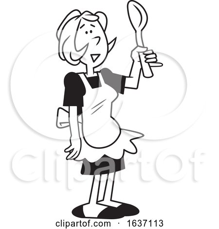 Cartoon Black and White Woman Wearing an Apron and Holding a Spoon by Johnny Sajem