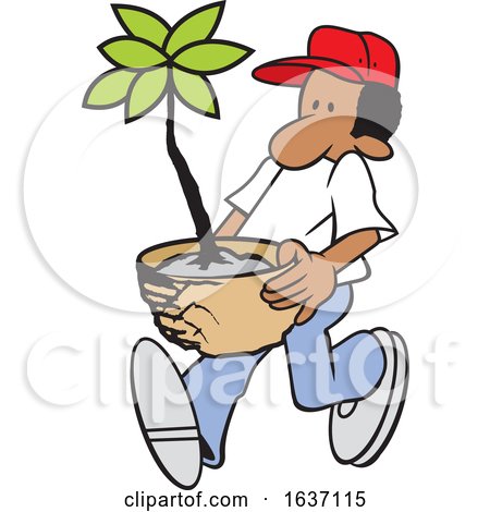 Cartoon Black Male Gardener Carrying a Potted Plant by Johnny Sajem