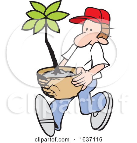 Cartoon White Male Gardener Carrying a Potted Plant by Johnny Sajem