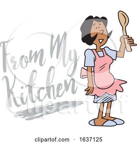 Cartoon Black Woman Wearing an Apron and Holding a Spoon by from My Kitchen Text by Johnny Sajem