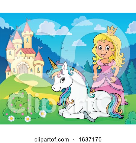 Princess and Unicorn near a Castle by visekart