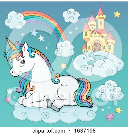 Cute Unicorn Resting on a Cloud near a Castle in the Sky by visekart