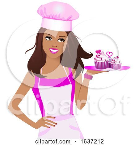 Beautiful Brunette Female Baker Holding a Tray of Pink Cupcakes by Monica