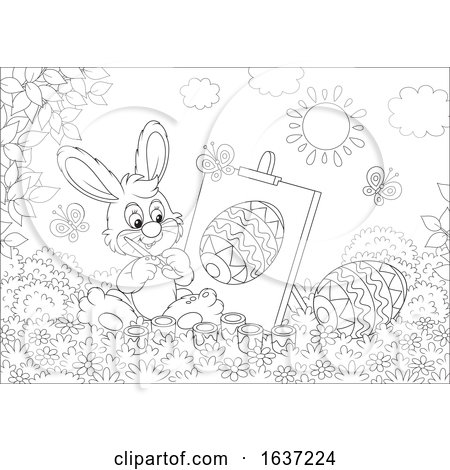 Black and White Easter Bunny Painting an Egg on Canvas by Alex Bannykh
