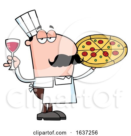 Pleased Pizza Chef Man with a Glass of Wine and Pie by Hit Toon