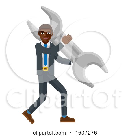 Black Business Man Holding Spanner Wrench Mascot by AtStockIllustration