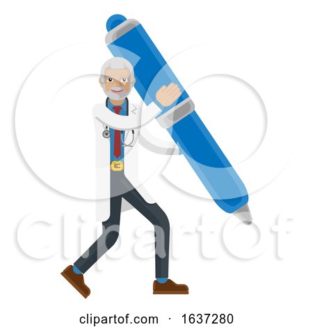 Mature Doctor Man Mascot Holding Pen Concept by AtStockIllustration