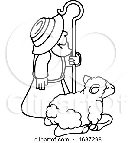 Cartoon Traditional Shepherd and Sheep or Lamb by AtStockIllustration  #1637298