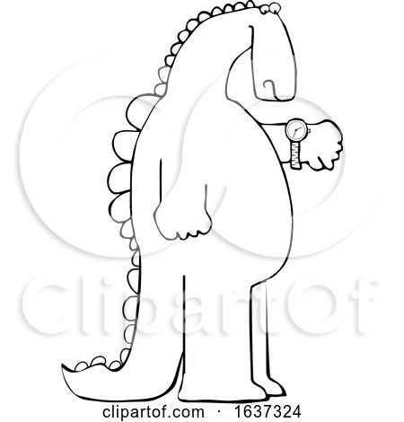 Cartoon Black and White Dinosaur Checking the Time on His Wrist Watch by djart
