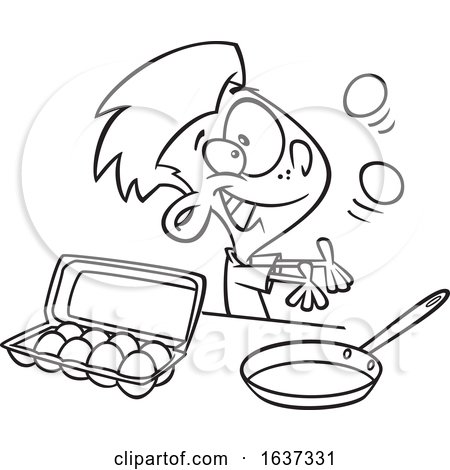 Cartoon Black and White Boy Juggling and Preparing to Make Scrambled Eggs by toonaday