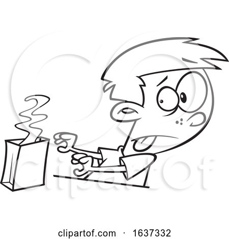 Cartoon Black and White Boy with a Smelly Lunch by toonaday