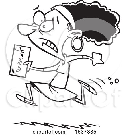 Cartoon Black and White Black Woman Running to File Taxes by the Deadline by toonaday