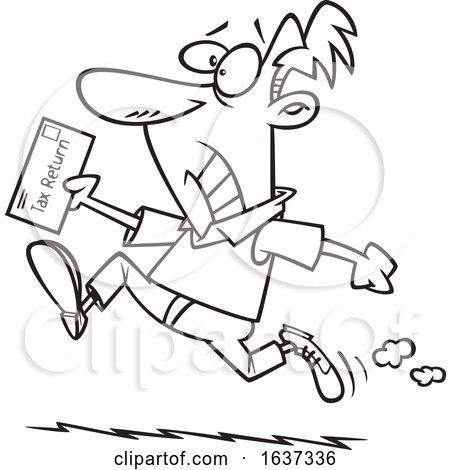 Cartoon Black and White Stressed Man Rushing to File His Taxes by the Deadline by toonaday