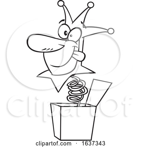 Cartoon Black and White April Fools Jester Popping out of a Jack in the Box by toonaday