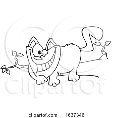 Cartoon Black and White Grinning Cheshire Cat on a Branch by toonaday