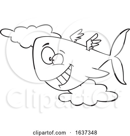 Cartoon Black and White Happy Flying Whale by toonaday