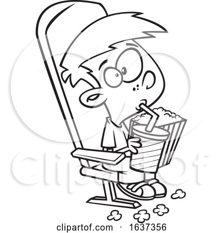 Cartoon Black and White Boy Sipping a Fountain Soda and Holding Popcorn While Watching a Matinee Movie by toonaday