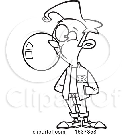 Cartoon Black and White Teen Boy Wearing a Letter Jacket and Blowing Bubble Gum by toonaday