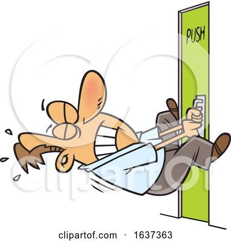Cartoon White Man Trying to Pull Open a Door That You Push by toonaday