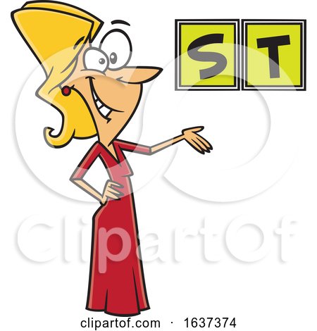Cartoon Caucasian Female Game Show Host Presenting Letters by toonaday