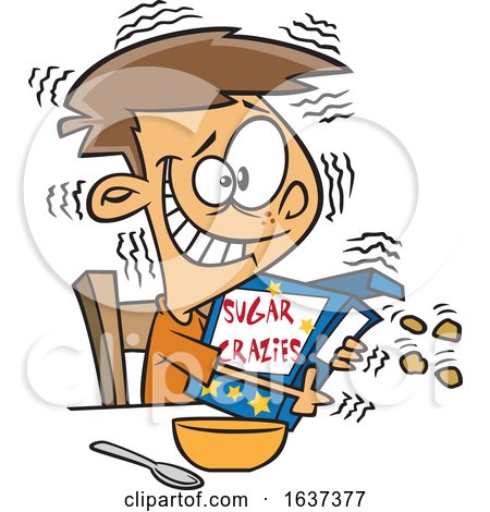 Cartoon Jittery White Boy Hugging a Sugary Cereal Box by toonaday