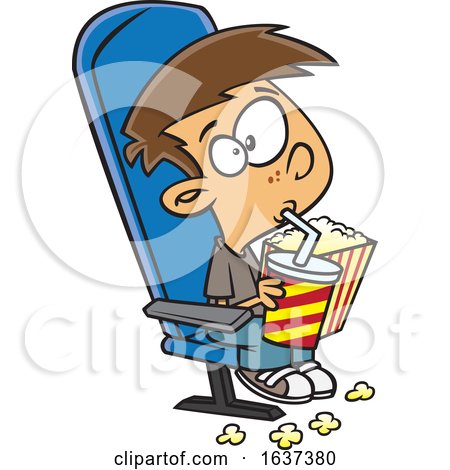 Cartoon White Boy Sipping a Fountain Soda and Holding Popcorn While Watching a Matinee Movie by toonaday