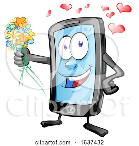Cartoon Romantic Smart Phone Mascot Holding out Flowers by Domenico Condello
